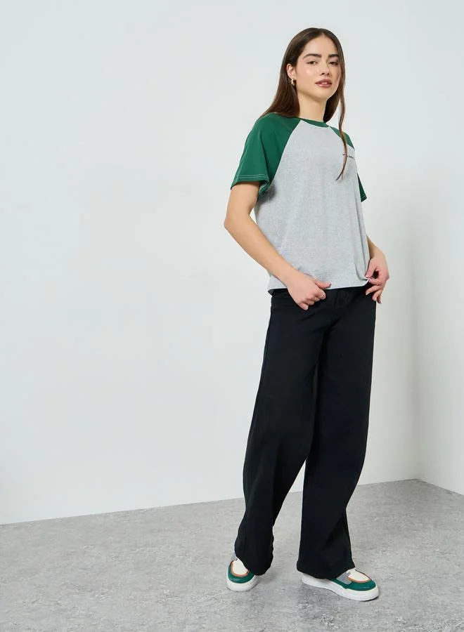 Styli Grey Contrast Raglan Sleeves T-Shirt