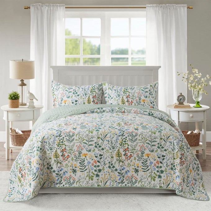 COTTON BEDSPREAD QUILT SETSREVERSIBLE PATCHWORK COVERLET SET GREEN CLASSIC FLORAL PATTERN KING SIZE