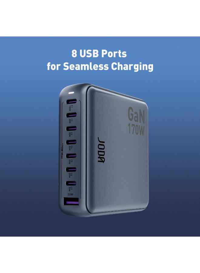 جودا شاحن سطح مكتب سريع JODA Voltix 170W GaN – مركز شحن USB 8 منافذ لشحن سريع ⚡ | شاحن سريع عالمي للهواتف، أجهزة اللابتوب، الأجهزة اللوحية، وأكثر 🔌📱💻 | تقنية GaN لتوصيل طاقة فعّالة - Image 1