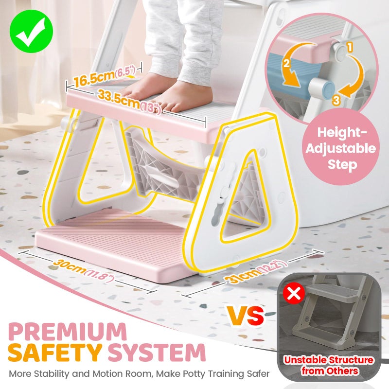 Orzbow Potty Training Seat, 2-IN-1 Toddler Potty Training Toilet with Step Stool, Stability Toilet Seat for Boys Girls with Splash Guard and Anti-Slip Pad, Adjustable Ladder & Potty Seat Height, Pink - Image 2