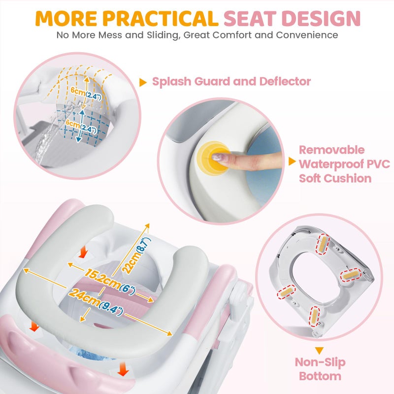 Orzbow Potty Training Seat, 2-IN-1 Toddler Potty Training Toilet with Step Stool, Stability Toilet Seat for Boys Girls with Splash Guard and Anti-Slip Pad, Adjustable Ladder & Potty Seat Height, Pink - Image 4