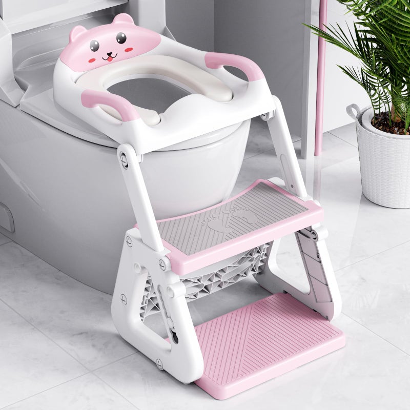 Orzbow Potty Training Seat, 2-IN-1 Toddler Potty Training Toilet with Step Stool, Stability Toilet Seat for Boys Girls with Splash Guard and Anti-Slip Pad, Adjustable Ladder & Potty Seat Height, Pink - Image 1