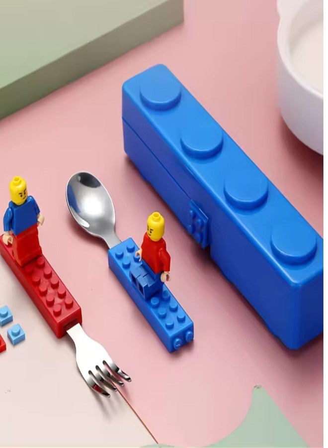 ARTLABEL Building Blocks Theme Baby Feeding Stainless Steel Spoon & Fork Set for Kids Tableware Cutlery Suitable for Kids Picnic School Lunch Box (Legoo Cutlery Set) - Image 1
