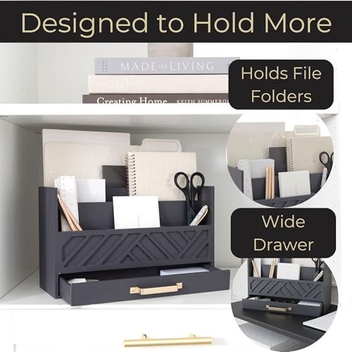 BLU MONACO Grey Wooden Desk Organizer with Drawer and Gold Handle – Perfect Desk Accessories for Home Office Organization – Desktop Mail Storage for Office Supplies - Image 4