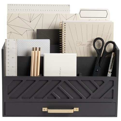 BLU MONACO Grey Wooden Desk Organizer with Drawer and Gold Handle – Perfect Desk Accessories for Home Office Organization – Desktop Mail Storage for Office Supplies - Image 1