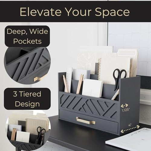BLU MONACO Grey Wooden Desk Organizer with Drawer and Gold Handle – Perfect Desk Accessories for Home Office Organization – Desktop Mail Storage for Office Supplies - Image 3