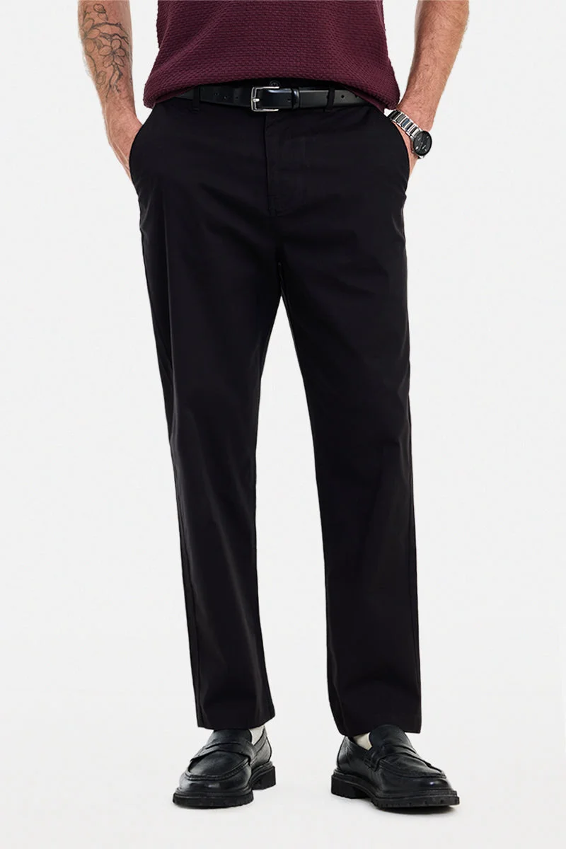 SNITCH Black Solid Regular Fit Casual Chinos