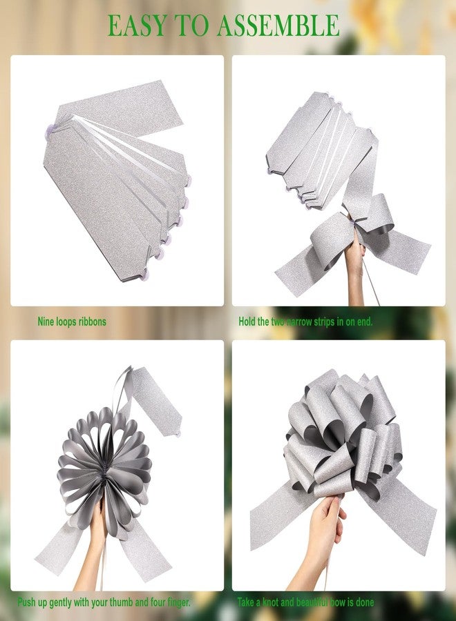 LeZakaa 12" Silver Gift Bow - Giant Glitter Pull Bow, Car Bow, Giant Big Pull Bow for Large Gift Decoration, Birthday Bows, Wedding Bow, Holiday Bow, Christmas Bow (1 Pack - Image 2