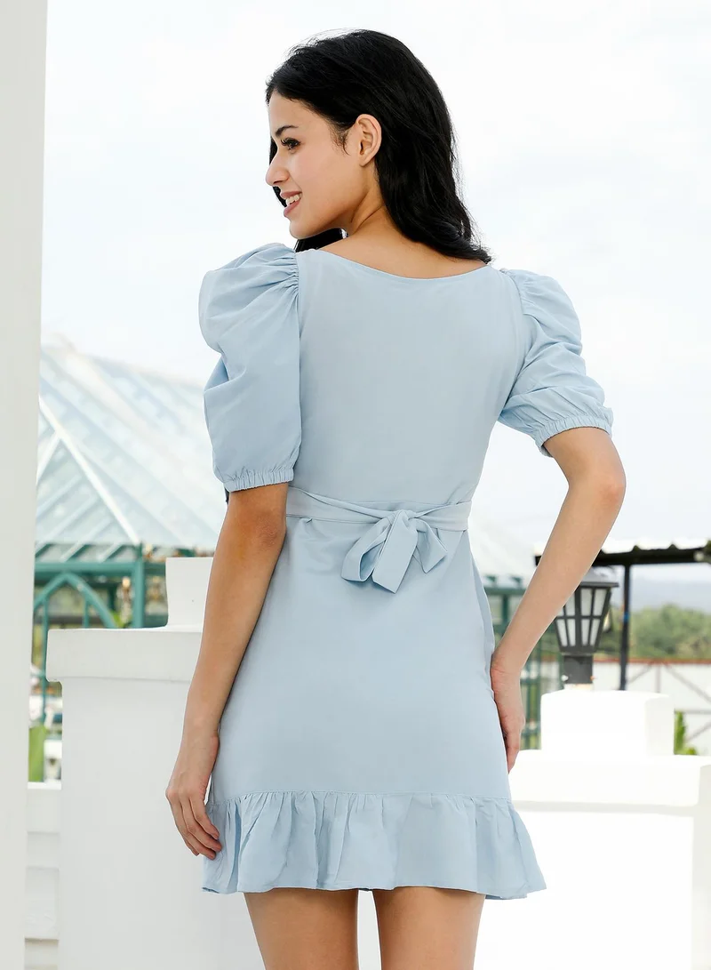 PINACOLADA Pinacolada Women's Ruche-Ruffle A-Line Dress | Scoop Neck , Short Puff Sleeves , Pull On Closure | Solid Plain Material | Polyester-Blend Dress For Casual & Evening Wear | Misty Blue
