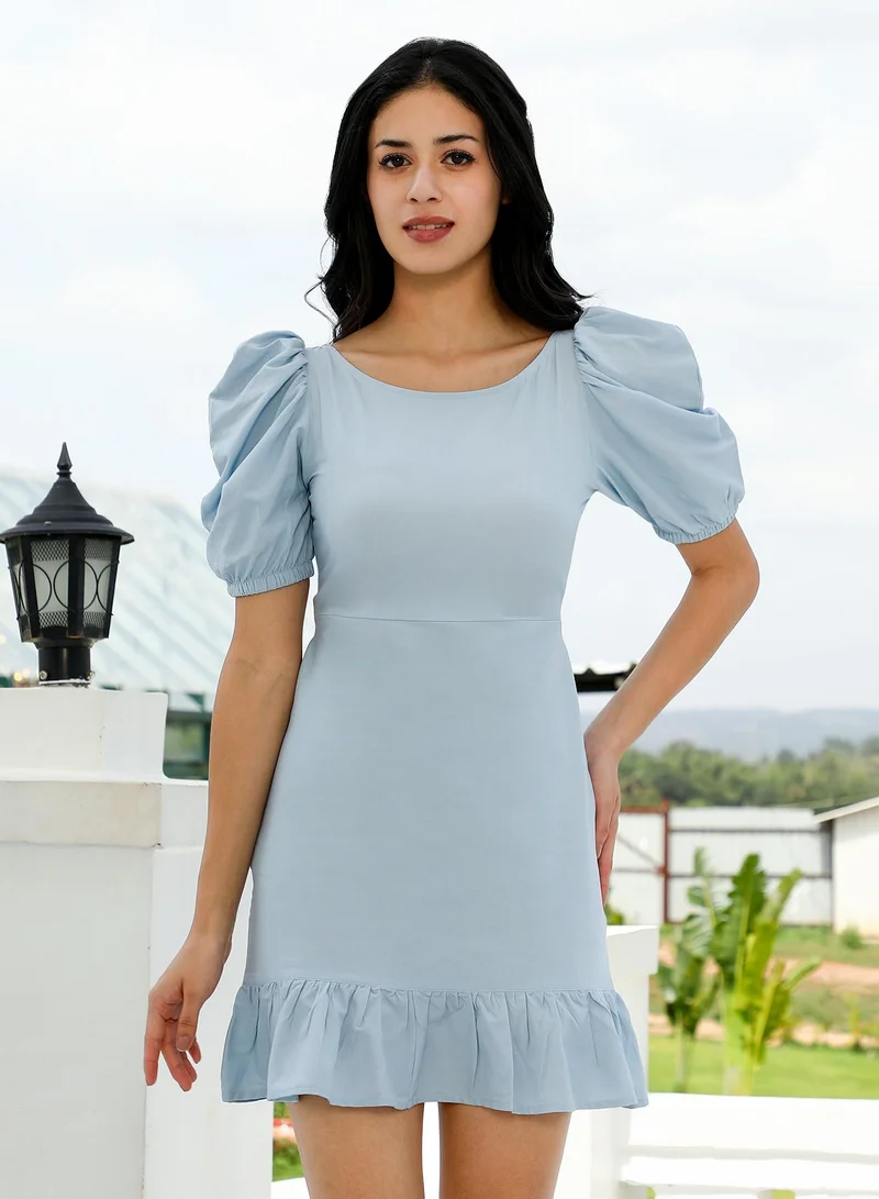 PINACOLADA Pinacolada Women's Ruche-Ruffle A-Line Dress | Scoop Neck , Short Puff Sleeves , Pull On Closure | Solid Plain Material | Polyester-Blend Dress For Casual & Evening Wear | Misty Blue