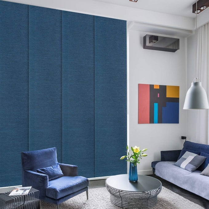 ADJUSTABLE VERTICAL BLINDS FOR SLIDING GLASS DOORS 458 86 W X 96 H EXTENDABLE SLIDING PANEL TRACK BLINDS FOR WINDOWS BLUE SHIMMERING TRIMMABLE FABRIC PANELS SEMISHEER SAPPHIRE