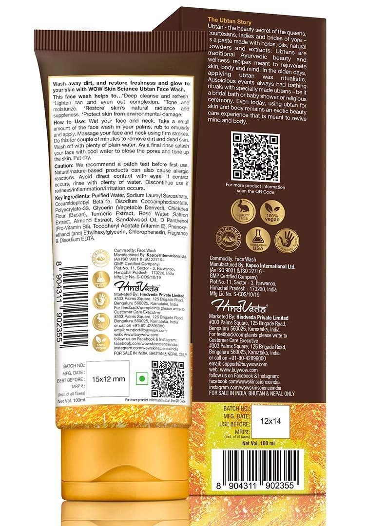 WOW Skin Science Ubtan Face Wash with Chickpea Flour Turmeric Saffron Almond Extract Rose Water & Sandalwood Oil - No Sulphate Parabens Silicones & Color - 100 mL - Image 2