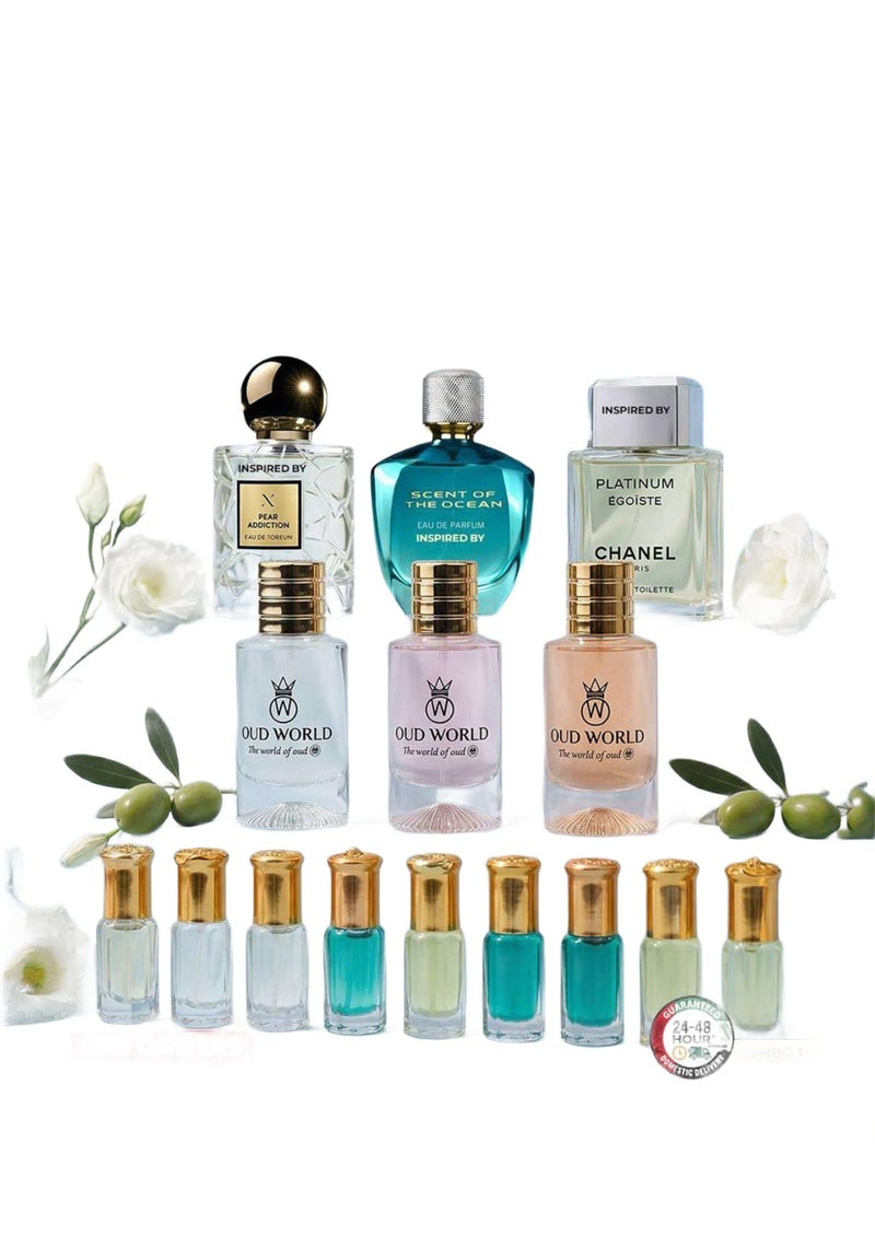 Oud World Combo Set 22 Perfume Trio – Ocean Scent, New Addiction & Egoiste Platinem | Fresh Marine Floral & Woody Blend - Image 1