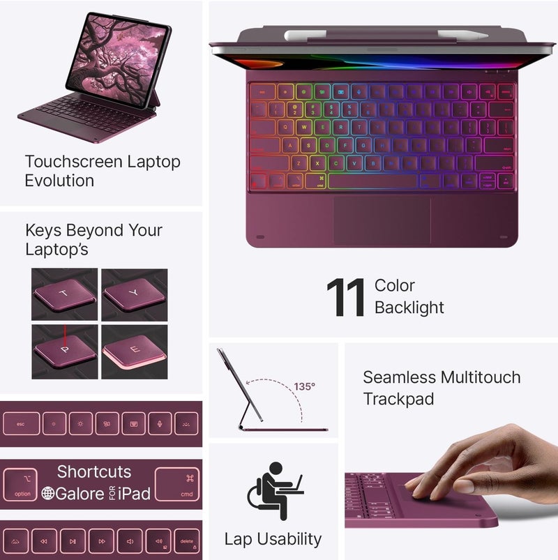 typecase Edge for iPad Air 13 (M4/M3/M2, 2026/2025/2024) & Pro 12.9 (6th/5th/4th/3rd) with 11-Color Backlit, Precision Trackpad, Magic Floating Keyboard (NOT FIT to Pro 13 (M5/M4) -Raspberry'26 - Image 4