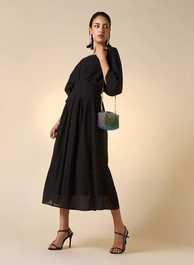 2Xtremz 2Xtremz All-Over Embellished A-line Dress with Extended Sleeves