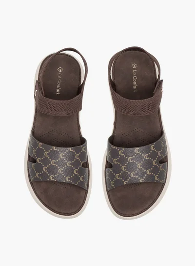 Le Confort Women Monogram Print Open Toe Sandals with Hook and Loop Closure