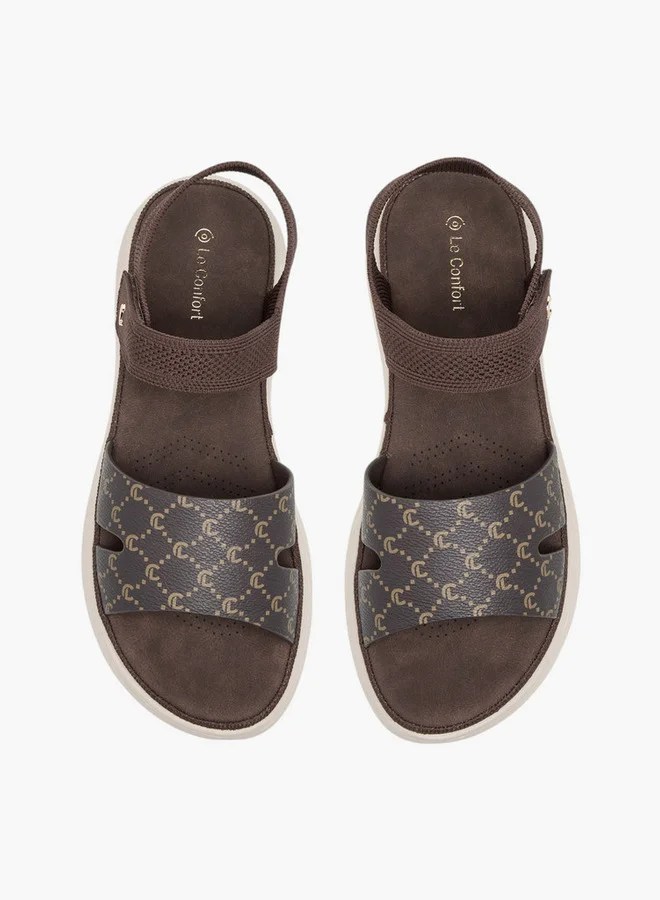 Le Confort Women Monogram Print Open Toe Sandals with Hook and Loop Closure