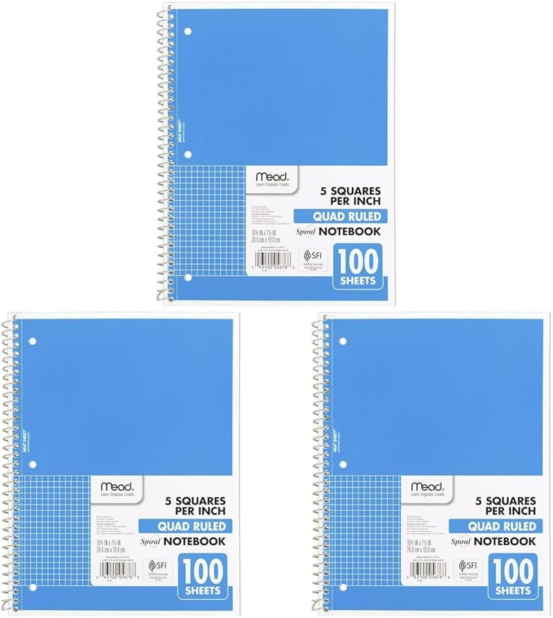 Mead Spiral Notebook, 1-Subject, Graph Ruled Paper, 10-1/2" x 8", 100 Sheets, Blue (05676AY7) (Pack of 3) - Image 1