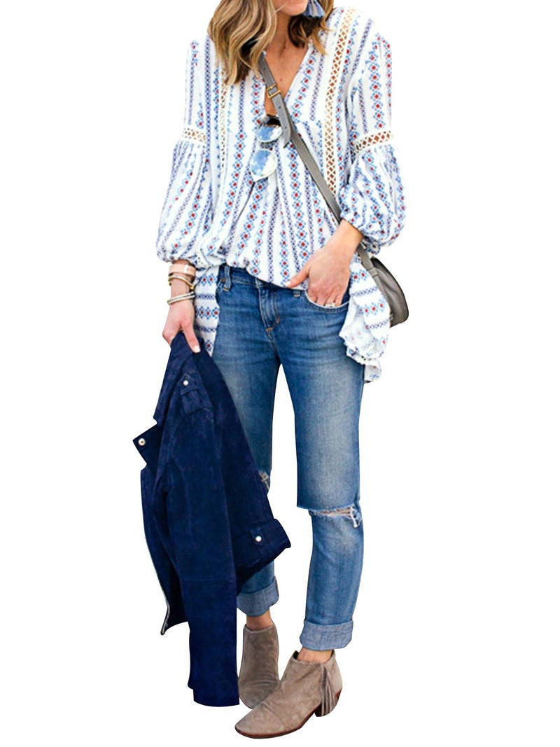 ZXZY Women Long Sleeve V Neck Hollow Out Floral Print Shirt Tops Long Blouse Tee, X-Large, Blue - Image 4