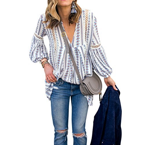 ZXZY Women Long Sleeve V Neck Hollow Out Floral Print Shirt Tops Long Blouse Tee, X-Large, Blue - Image 1