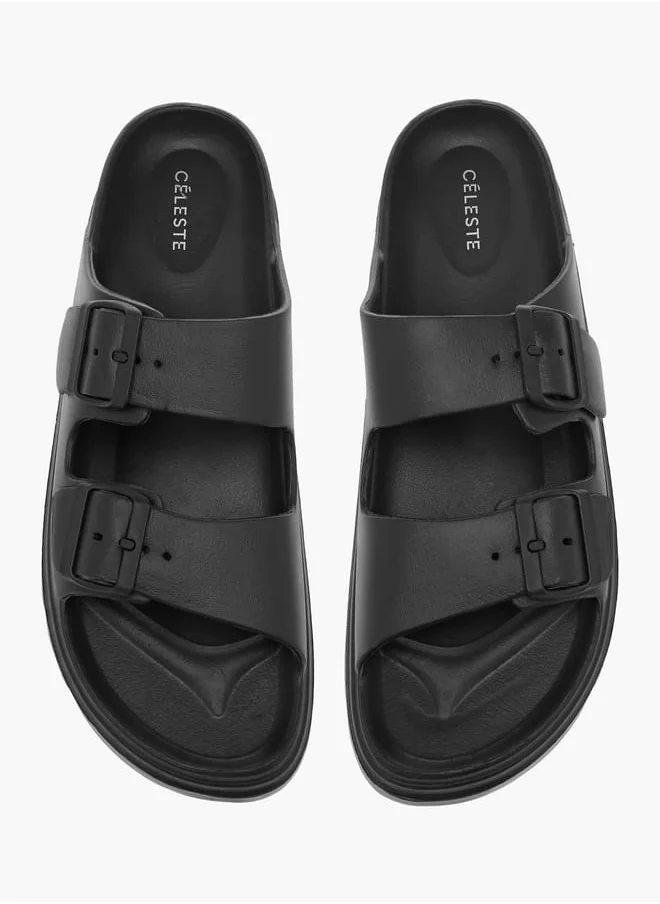 Celeste Womens Buckle Accent Slide Slippers With Slip-On Closure