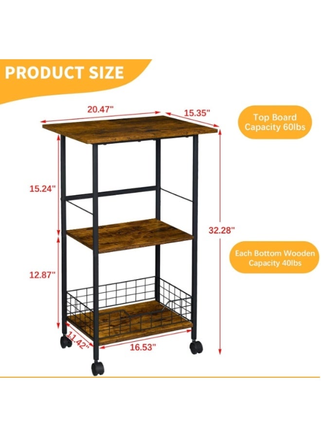 Forthcan 3-Tier Rolling Kitchen Cart, Microwave Stand with Wooden and Metal Storage Rack, Space-Saving Organizer on Wheels, for Kitchen, Living Room, Office - Image 4