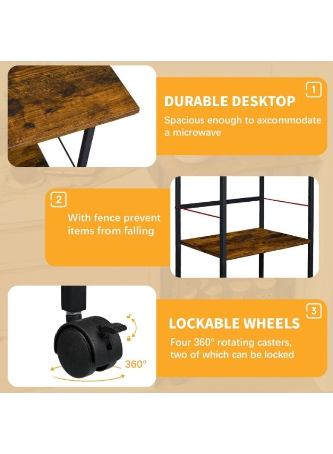 Forthcan 3-Tier Rolling Kitchen Cart, Microwave Stand with Wooden and Metal Storage Rack, Space-Saving Organizer on Wheels, for Kitchen, Living Room, Office - Image 5