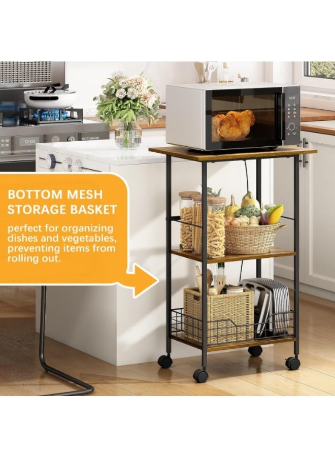 Forthcan 3-Tier Rolling Kitchen Cart, Microwave Stand with Wooden and Metal Storage Rack, Space-Saving Organizer on Wheels, for Kitchen, Living Room, Office - Image 3