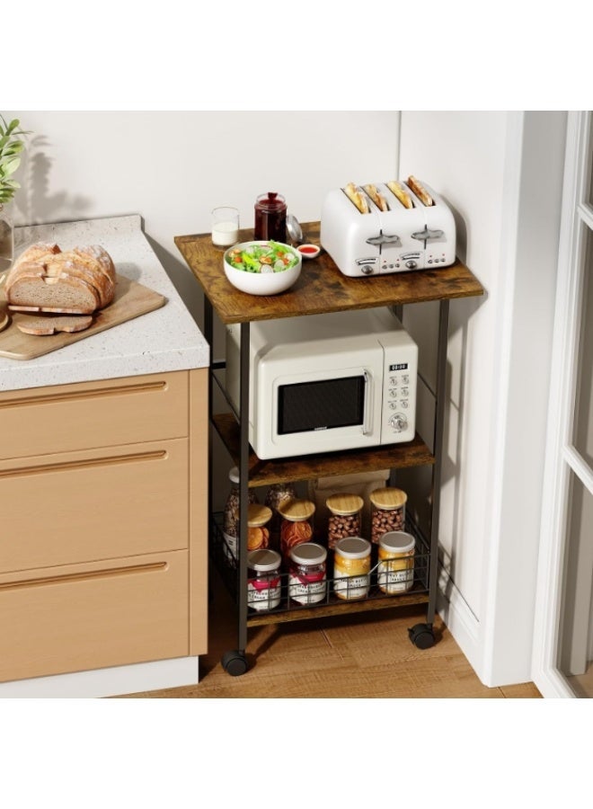 Forthcan 3-Tier Rolling Kitchen Cart, Microwave Stand with Wooden and Metal Storage Rack, Space-Saving Organizer on Wheels, for Kitchen, Living Room, Office - Image 2