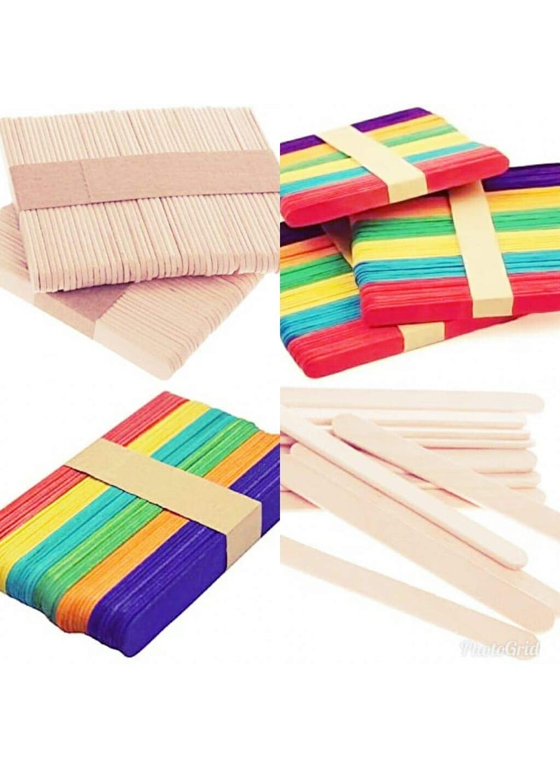 HOUSE HATCH HOUSE HATCH Wooden Ice Cream Popsicle Sticks Combo A Grade Straight Edge Wooden Ice Cream Sticks for Art and Crafts Pack of 100 Pcs 50 Multicolor and 50 Wooden Colored 