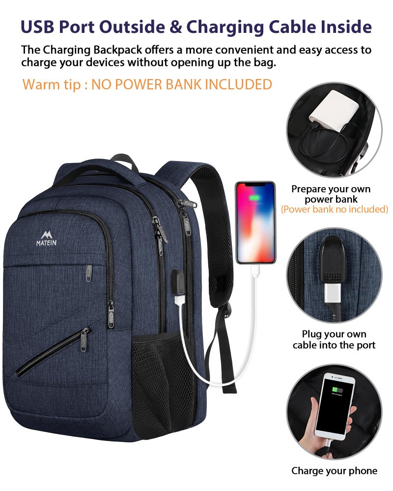 MATEIN 17 inch Laptop Backpack, Large Travel Backpack Carry On Flight Approved with Trolley Sleeve, Computer Work Bag with USB Charging Port, Water Resistant Daypack for College, Dark Blue - Image 4