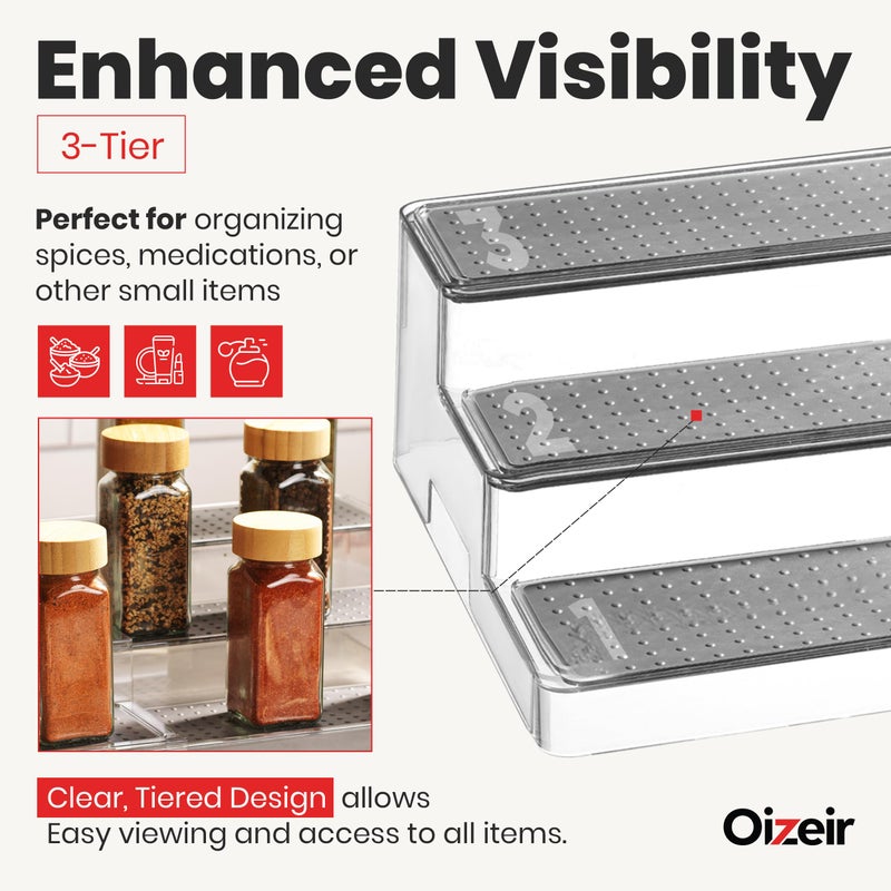 Oizeir Expandable Spice Organizer Rack (2-PACK) - 3-Tier - Clear Adjustable Tiered Shelf Spices Organization for Kitchen Cabinet and Pantry Storage - Image 4