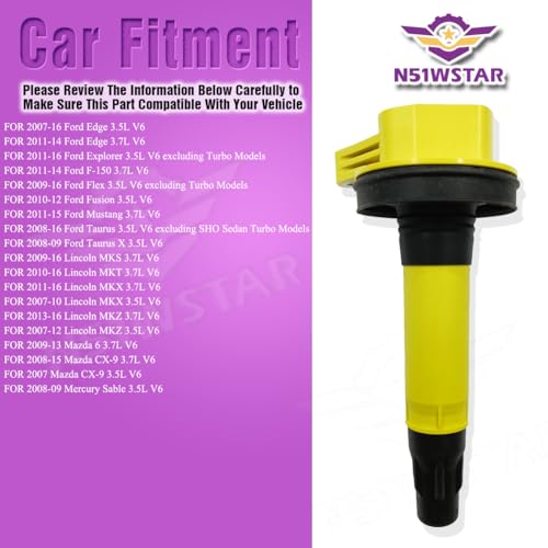 N51WSTAR Performance Ignition Coil Pack Set of 6 Compatible with Ford Lincoln Edge Flex F150 Explorer Fusion Mustang Taurus MKS MKX MKZ 3.5L 3.7L V6 Replacement for UF553 C1652 7T4Z12029E 2pins - Image 5