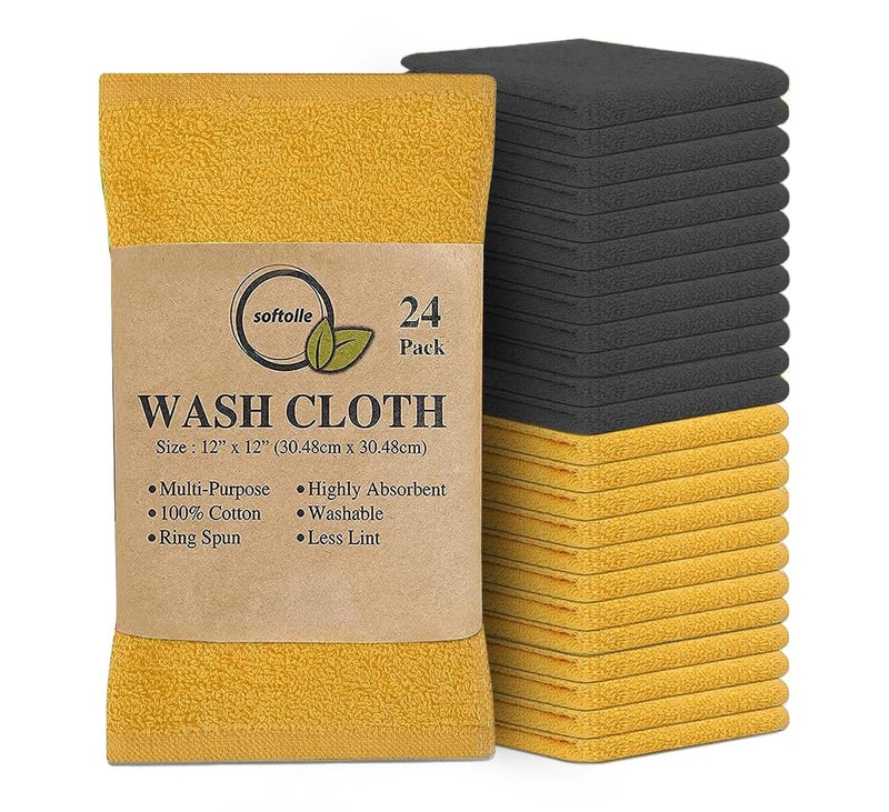 Softolle 100 Cotton Washcloths 24 Pack 12x12 Inches Soft Highly Absorbent Washcloth Face Towels Wash Cloths for Face Ring Spun Bulk Pack YellowGrey