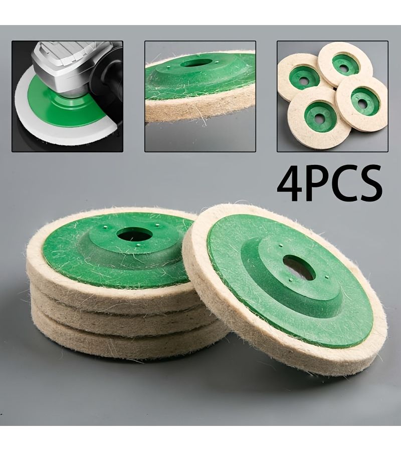 4 Pcs Green Wool Polishing Wheels 100mm Fine White Industrial Felt Pads - Image 1