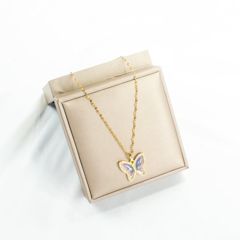 Golden Zirconic Stainless Steel Butterfly Pendant Necklace - Image 1