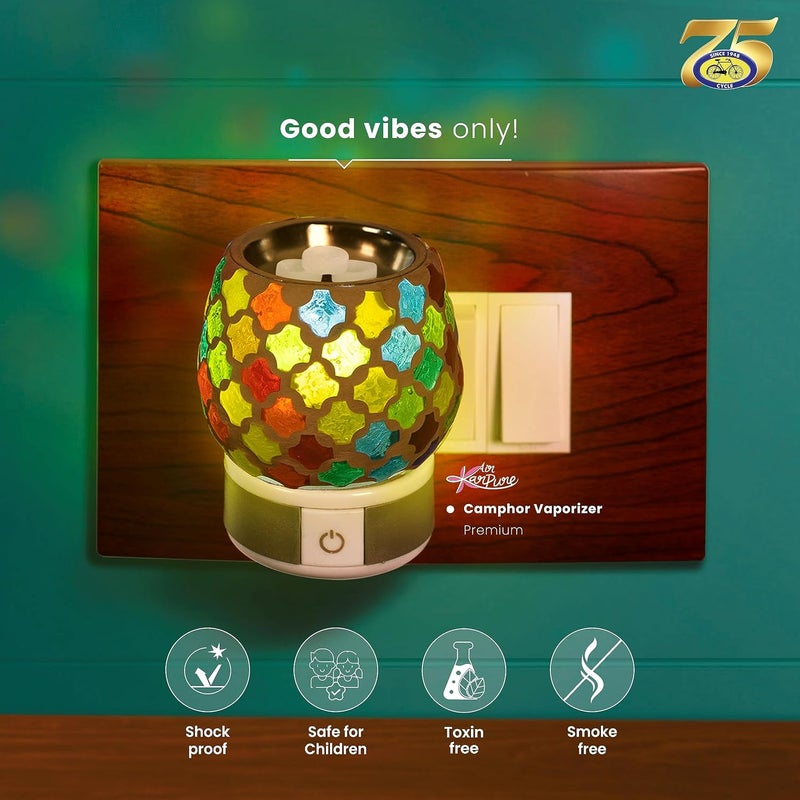 CYCLE موزع كهربائي لزيت الكافور النقي للمنزل والمكتب مع جرة كافور (52 قرص) | موزع كهربائي من السيراميك مع مفتاح تشغيل/إيقاف ومصباح ليلي | خالي من الدخان وآمن للأطفال ومقاوم للصدمات - Image 4