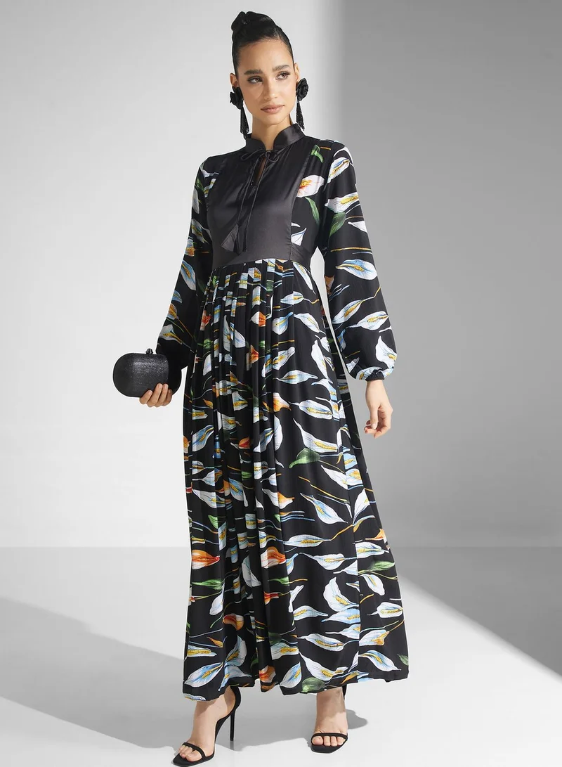 Golden Apple Floral Print Puff Sleeve Jalabiya