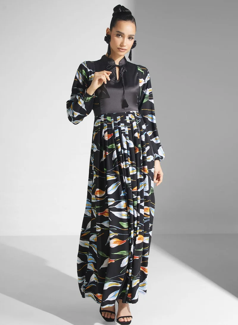 Golden Apple Floral Print Puff Sleeve Jalabiya