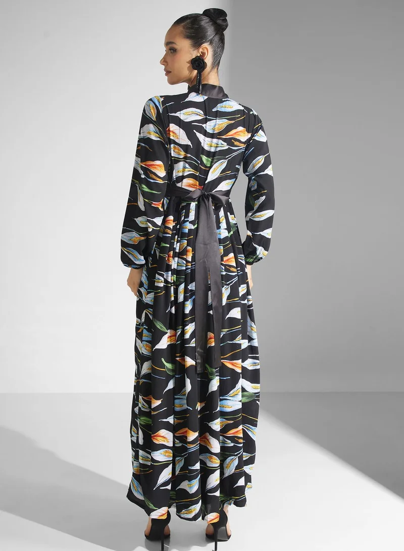 Golden Apple Floral Print Puff Sleeve Jalabiya