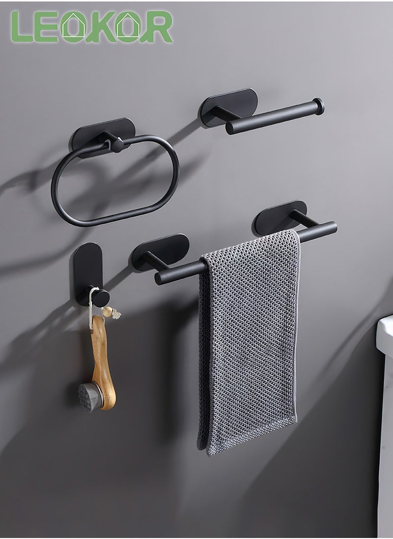 LEOKOR 4 Pcs Bathroom Towel Rack Hardware, 304 Stainless Steel Wall Mounted with 16" Hand Towel Bar, Hand Towel Ring, Toilet Paper Holder, Robe Towel Hook for Bathroom (Black)  - Image 2