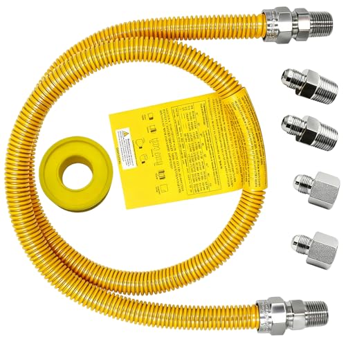 MCAMPAS 48" Stainless Steel Flexible Gas Connector Hose Kit, Yellow Coated, 5/8" OD (1/2" ID), 1/2" MIP/FIP & 3/4" MIP Fittings for Gas Stove, Dryer, Water Heater, Furnace - Image 1