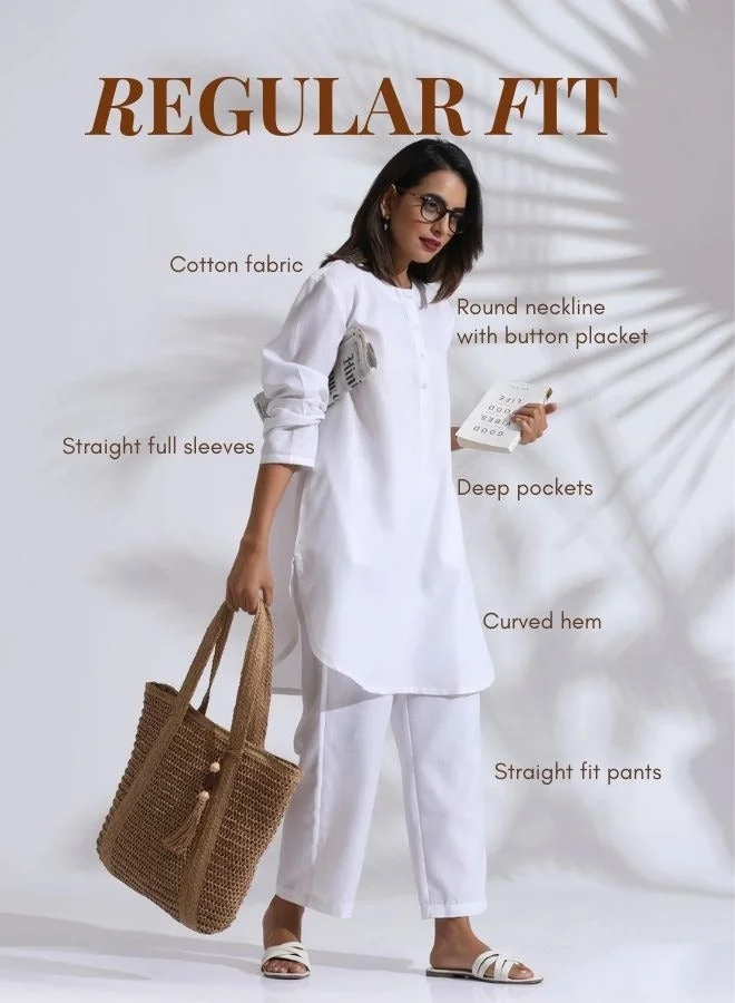 ترو برونز trueBrowns White Slub Kurta Co-ord Set