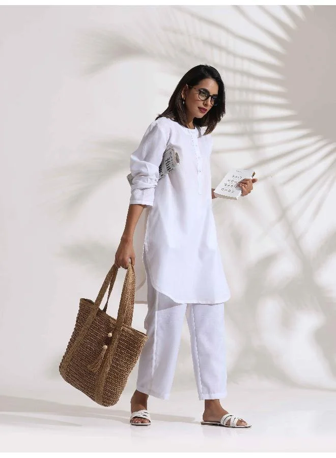 ترو برونز trueBrowns White Slub Kurta Co-ord Set