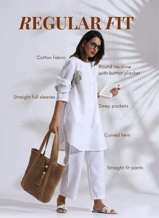 trueBrowns trueBrowns White Slub Kurta Co-ord Set