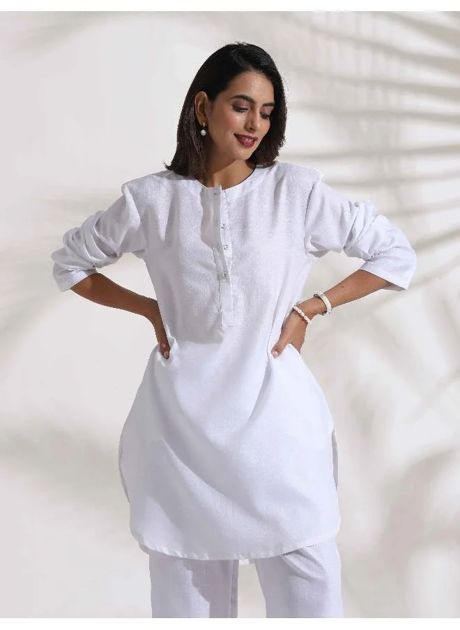 ترو برونز trueBrowns White Slub Kurta Co-ord Set