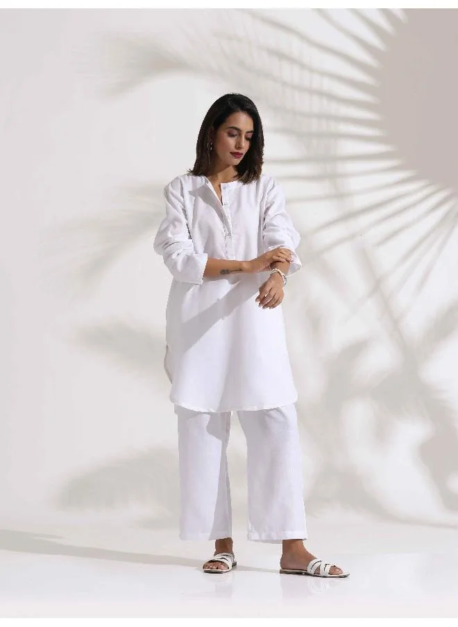 ترو برونز trueBrowns White Slub Kurta Co-ord Set