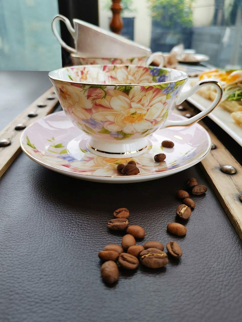 Jinglory Pink Tea Cup Floral Tea Cup And Saucer Set Bone China Tea Set Coffee Cup Tea Set For Adults/Friends/Women/Men 7Oz - Image 3