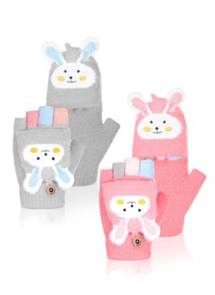 KASTWAVE 2 Pairs Toddler Finger Mittens Kids Fingerless Gloves Knit Convertible Half Finger Mitten Flap for Aged 3-15(Grey, Pink)  - Image 1