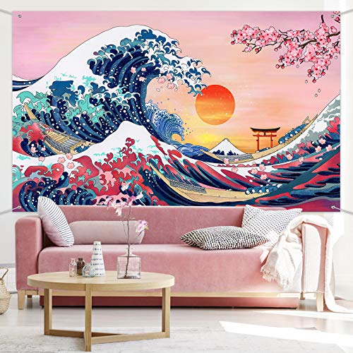 Sumind Ocean Wave Tapestry Japanese Kanagawa Backdrop Great Wave Tapestry Cherry Blossom Nature Sunset Background Wall Hanging Banner for Japanese Party Wall Home Decorations, 72.8 x 43.3 Inch - Image 4